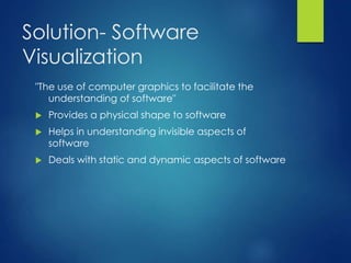 Solution- Software
Visualization
"The use of computer graphics to facilitate the
understanding of software"
 Provides a physical shape to software
 Helps in understanding invisible aspects of
software
 Deals with static and dynamic aspects of software
 
