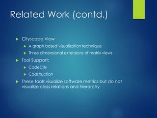 Related Work (contd.)
 Cityscape View
 A graph based visualization technique
 Three dimensional extensions of matrix views
 Tool Support:
 CodeCity
 Codstruction
 These tools visualize software metrics but do not
visualize class relations and hierarchy
 