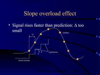 Slope overload effect
• Signal rises faster than prediction: ∆ too
  small                         samples
                        Ts




                                ∆     predictions



     initial estimate




                             ©2000 Bijan Mobasseri   103
 