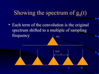 Showing the spectrum of gδ(t)
• Each term of the convolution is the original
  spectrum shifted to a multiple of sampling
  frequency               G(f)




                            Gδ(f)
                                    fs




                                         fs        2fs
               ©2000 Bijan Mobasseri          19
 