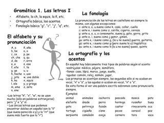 Gramática 1. Las letras I Alfabeto, la ch, la equis, la ñ, etc.  Ortografía básica, los acentos.  Fonología básica “g”, “c”, “j”, “q”, etc. A, a b, be c, ce ch, che  d, de e, e f, efe g, ge h, hache j, jota k, ka l, ele m, eme n, ene ñ, eñe o, o p, pe q, qu r, erre s, ese t, te u, u v, uve w, uve doble x, equis y, y griega z, zeta El alfabeto y su  pronunciación Las letras “k”, “x”, “w”, no se usan mucho (sólo en palabras extranjeras) pero “j” e “y” sí. Las únicas letras que podemos encontrar dobles en español son la “ll” (que suena parecido a y) y la “rr” (que suena más fuerte que la “r”). La ortografía y los acentos En español hay básicamente tres tipos de palabras según el acento: esdrújulas: médico, pájaro, semáforo,  llanas: casa, lápiz, marco, juego, sueño, agudas: camión, reloj, salmón, jugar, Las primeras se acentúan siempre, las segundas sólo si no acaban en vocal, “n” o “s”, y las agudas si acaban en vocal, “n” o “s”. De esta forma al ver una palabra escrita sabremos como pronunciarla siempre. Ejemplos: animal animales cachorro pescado mosca pato elefante  ánade perro hormiga ruiseñor buey gato petirrojo faisán castor rinoceronte oca tortuga cigüeña cisne peces caracol  pez serpiente camaleón oveja carnero toro vaca La fonología La pronunciación de las letras en castellano es siempre la misma, con algunas excepciones: c: ante a, o, u suena como k, casa, collar, cuello c: ante e, i suena como z, cerilla, cigarro, cereza g: ante a, o, u, o consonante, suena g, gato, gorro, grito g: ante e, i, suena como j gemir, gimen,  gu: ante e, i suena como g, (la u no suena) guerra, guitarra,  gü: ante e, i suena como g (pero suena la u) lingüística qu: ante e, i suena como k (la u no suena) queso, quinto 