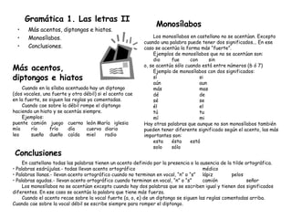 Gramática 1. Las letras II Más acentos, diptongos e hiatos.  Monosílabos.  Conclusiones. Más acentos,  diptongos e hiatos Cuando en la sílaba acentuada hay un diptongo (dos vocales, una fuerte y otra débil) si el acento cae en la fuerte, se siguen las reglas ya comentadas. Cuando cae sobre la débil rompe el diptongo haciendo un hiato y se acentúa siempre. Ejemplos: puente camión  juego cuerno león María iglesia  mío río frío día  cuervo  diario leo  sueño dueño caída  miel radio Conclusiones En castellano todas las palabras tienen un acento definido por la presencia o la ausencia de la tilde ortográfica. Palabras esdrújulas.- todas llevan acento ortográfico médico Palabras llanas.- llevan acento ortográfico cuando no terminan en vocal, “n” o “s” lápiz pelos Palabras agudas.- llevan acento ortográfico cuando terminan en vocal, “n” o “s” camión señor Los monosílabos no se acentúan excepto cuando hay dos palabras que se escriben igual y tienen dos significados diferentes. En ese caso se acentúa la palabra que tiene más fuerza. Cuando el acento recae sobre la vocal fuerte (a, o, e) de un diptongo se siguen las reglas comentadas arriba. Cuando cae sobre la vocal débil se escribe siempre para romper el diptongo. Monosílabos Los monosílabos en castellano no se acentúan. Excepto cuando una palabra puede tener dos significados... En ese caso se acentúa la forma más “fuerte”. Ejemplos de monosílabos que no se acentúan son: dio fue con sin o, se acentúa sólo cuando está entre números (6 ó 7) Ejemplo de monosílabos con dos significados: sí si aún aun más mas dé de sé se él el tú tu mí mi Hay otras palabras que aunque no son monosílabos también pueden tener diferente significado según el acento, las más importantes son: esta ésta está solo sólo 