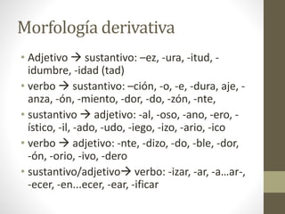 Morfología derivativa
• Adjetivo  sustantivo: –ez, -ura, -itud, -
idumbre, -idad (tad)
• verbo  sustantivo: –ción, -o, -e, -dura, aje, -
anza, -ón, -miento, -dor, -do, -zón, -nte,
• sustantivo  adjetivo: -al, -oso, -ano, -ero, -
ístico, -il, -ado, -udo, -iego, -izo, -ario, -ico
• verbo  adjetivo: -nte, -dizo, -do, -ble, -dor,
-ón, -orio, -ivo, -dero
• sustantivo/adjetivo verbo: -izar, -ar, -a…ar-,
-ecer, -en...ecer, -ear, -ificar
 