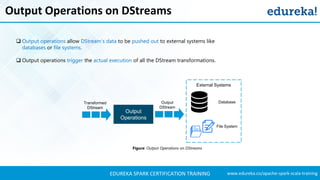 www.edureka.co/apache-spark-scala-trainingEDUREKA SPARK CERTIFICATION TRAINING
Output Operations on DStreams
 Output operations allow DStream’s data to be pushed out to external systems like
databases or file systems.
 Output operations trigger the actual execution of all the DStream transformations.
Output
Operations
Transformed
DStream
File System
DatabaseOutput
DStream
Figure: Output Operations on DStreams
External Systems
 