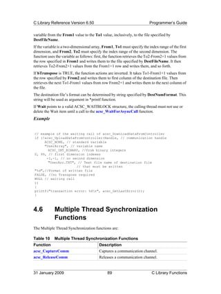 C Library Reference Version 6.50                                        Programmer’s Guide

variable from the From1 value to the To1 value, inclusively, to the file specified by
DestFileName.
If the variable is a two-dimensional array, From1, To1 must specify the index range of the first
dimension, and From2, To2 must specify the index range of the second dimension. The
function uses the variable as follows: first, the function retrieves the To2-From2+1 values from
the row specified in From1 and writes them to the file specified by DestFileName. It then
retrieves To2-From2+1 values from the From1+1 row and writes them, and so forth.
If bTranspose is TRUE, the function actions are inverted. It takes To1-From1+1 values from
the row specified by From2 and writes them to first column of the destination file. Then
retrieves the next To1-From1 values from row From2+1 and writes them to the next column of
the file.
The destination file’s format can be determined by string specified by DestNumFormat. This
string will be used as argument in *printf function.
If Wait points to a valid ACSC_WAITBLOCK structure, the calling thread must not use or
delete the Wait item until a call to the acsc_WaitForAsyncCall function.
Example


// example of the waiting call of acsc_DownloadDataFromController
if (!acsc_UploadDataFromController(Handle, // communication handle
     ACSC_NONE, // standard variable
     "UserArray", // variable name
       ACSC_INT_BINARY, //from binary integers
0, 99, // first dimension indexes
      -1,-1, // no second dimension
       "UserArr.TXT", // Text file name of destination file
                     // that must be written
"%d",//Format of written file
FALSE, //no Transpose required
NULL // waiting call
))
{
printf("transaction error: %dn", acsc_GetLastError());
}



4.6          Multiple Thread Synchronization
             Functions
The Multiple Thread Synchronization functions are:

Table 10     Multiple Thread Synchronization Functions
Function                                 Description
acsc_CaptureComm                         Captures a communication channel.
acsc_ReleaseComm                         Releases a communication channel.


31 January 2009                               89                          C Library Functions
 