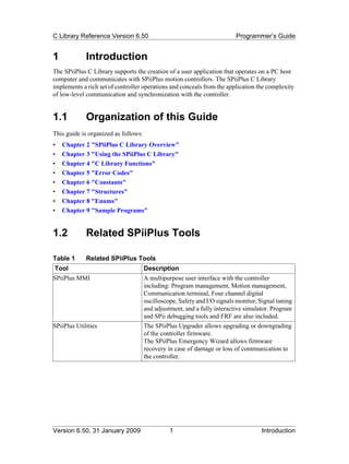 C Library Reference Version 6.50                                          Programmer’s Guide


1            Introduction
The SPiiPlus C Library supports the creation of a user application that operates on a PC host
computer and communicates with SPiiPlus motion controllers. The SPiiPlus C Library
implements a rich set of controller operations and conceals from the application the complexity
of low-level communication and synchronization with the controller.


1.1          Organization of this Guide
This guide is organized as follows:
•   Chapter 2 "SPiiPlus C Library Overview"
•   Chapter 3 "Using the SPiiPlus C Library"
•   Chapter 4 "C Library Functions"
•   Chapter 5 "Error Codes"
•   Chapter 6 "Constants"
•   Chapter 7 "Structures"
•   Chapter 8 "Enums"
•   Chapter 9 "Sample Programs"


1.2          Related SPiiPlus Tools

Table 1      Related SPiiPlus Tools
Tool                                  Description
SPiiPlus MMI                          A multipurpose user interface with the controller
                                      including: Program management, Motion management,
                                      Communication terminal, Four channel digital
                                      oscilloscope, Safety and I/O signals monitor, Signal tuning
                                      and adjustment, and a fully interactive simulator. Program
                                      and SPii debugging tools and FRF are also included.
SPiiPlus Utilities                    The SPiiPlus Upgrader allows upgrading or downgrading
                                      of the controller firmware.
                                      The SPiiPlus Emergency Wizard allows firmware
                                      recovery in case of damage or loss of communication to
                                      the controller.




Version 6.50, 31 January 2009                   1                                   Introduction
 