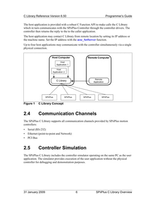 C Library Reference Version 6.50                                             Programmer’s Guide

The host application is provided with a robust C Function API to make calls the C Library
which in turn communicates with the SPiiPlus Controller through the controller drivers. The
controller then returns the reply to the to the caller application.
The host application may contact C Library from remote location by setting its IP address or
the machine name. Set the IP address with the acsc_SetServer function.
Up to four host applications may communicate with the controller simultaneously via a single
physical connection.


                        Host Computer                   Remote Computer
                                 Host
                             Application 1

                             Host
                         Application 2


                                                                Remote
                             C Library                         Application




                  SPiiPlus           SPiiPlus       SPiiPlus           SPiiPlus


Figure 1     C Library Concept


2.4          Communication Channels
The SPiiPlus C Library supports all communication channels provided by SPiiPlus motion
controllers:
•   Serial (RS-232)
•   Ethernet (point-to-point and Network)
•   PCI Bus


2.5          Controller Simulation
The SPiiPlus C Library includes the controller simulator operating on the same PC as the user
application. The simulator provides execution of the user application without the physical
controller for debugging and demonstration purposes.




31 January 2009                                 6                SPiiPlus C Library Overview
 