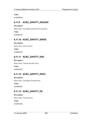 C Library Reference Version 6.50                Programmer’s Guide


Value
0x00000080

6.11.9       ACSC_SAFETY_ENC2NC
Description
Motor fault - Secondary Encoder Not Connected
Value
0x00000100

6.11.10 ACSC_SAFETY_DRIVE
Description
Motor fault - Driver Alarm
Value
0x00000200

6.11.11 ACSC_SAFETY_ENC
Description
Motor fault - Primary Encoder Error
Value
0x00000400

6.11.12 ACSC_SAFETY_ENC2
Description
Motor fault - Secondary Encoder Error
Value
0x00000800

6.11.13 ACSC_SAFETY_PE
Description
Motor fault - Position Error
Value
0x00001000




31 January 2009                          389             Constants
 