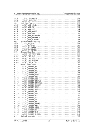 C Library Reference Version 6.50                                                                   Programmer’s Guide

6.7.3       ACSC_MST_MOVE . . . . . . . . . . . . . . . . . . . . . . . . . . . . . . . . . . . . . . . . . . . .                383
6.7.4       ACSC_MST_ACC . . . . . . . . . . . . . . . . . . . . . . . . . . . . . . . . . . . . . . . . . . . . . .             384
6.8       Axis State Flags . . . . . . . . . . . . . . . . . . . . . . . . . . . . . . . . . . . . . . . . . . . . . . . . . .   384
6.8.1       ACSC_AST_LEAD . . . . . . . . . . . . . . . . . . . . . . . . . . . . . . . . . . . . . . . . . . . . .              384
6.8.2       ACSC_AST_DC . . . . . . . . . . . . . . . . . . . . . . . . . . . . . . . . . . . . . . . . . . . . . . . .          384
6.8.3       ACSC_AST_PEG . . . . . . . . . . . . . . . . . . . . . . . . . . . . . . . . . . . . . . . . . . . . . . .           384
6.8.4       ACSC_AST_MOVE . . . . . . . . . . . . . . . . . . . . . . . . . . . . . . . . . . . . . . . . . . . .                384
6.8.5       ACSC_AST_ACC . . . . . . . . . . . . . . . . . . . . . . . . . . . . . . . . . . . . . . . . . . . . . .             385
6.8.6       ACSC_AST_SEGMENT . . . . . . . . . . . . . . . . . . . . . . . . . . . . . . . . . . . . . . . . .                   385
6.8.7       ACSC_AST_VELLOCK . . . . . . . . . . . . . . . . . . . . . . . . . . . . . . . . . . . . . . . . .                   385
6.8.8       ACSC_AST_POSLOCK . . . . . . . . . . . . . . . . . . . . . . . . . . . . . . . . . . . . . . . . .                   385
6.9       Index and Mark State Flags . . . . . . . . . . . . . . . . . . . . . . . . . . . . . . . . . . . . . . . . .           385
6.9.1       ACSC_IST_IND . . . . . . . . . . . . . . . . . . . . . . . . . . . . . . . . . . . . . . . . . . . . . . . .         385
6.9.2       ACSC_IST_IND2 . . . . . . . . . . . . . . . . . . . . . . . . . . . . . . . . . . . . . . . . . . . . . . .          386
6.9.3       ACSC_IST_MARK . . . . . . . . . . . . . . . . . . . . . . . . . . . . . . . . . . . . . . . . . . . . .              386
6.9.4       ACSC_IST_MARK2 . . . . . . . . . . . . . . . . . . . . . . . . . . . . . . . . . . . . . . . . . . . .               386
6.10      Program State Flags . . . . . . . . . . . . . . . . . . . . . . . . . . . . . . . . . . . . . . . . . . . . . . .      386
6.10.1      ACSC_PST_COMPILED . . . . . . . . . . . . . . . . . . . . . . . . . . . . . . . . . . . . . . . .                    386
6.10.2      ACSC_PST_RUN . . . . . . . . . . . . . . . . . . . . . . . . . . . . . . . . . . . . . . . . . . . . . .             386
6.10.3      ACSC_PST_SUSPEND . . . . . . . . . . . . . . . . . . . . . . . . . . . . . . . . . . . . . . . . . .                 387
6.10.4      ACSC_PST_DEBUG . . . . . . . . . . . . . . . . . . . . . . . . . . . . . . . . . . . . . . . . . . . .               387
6.10.5      ACSC_PST_AUTO . . . . . . . . . . . . . . . . . . . . . . . . . . . . . . . . . . . . . . . . . . . . .              387
6.11      Safety Control Masks . . . . . . . . . . . . . . . . . . . . . . . . . . . . . . . . . . . . . . . . . . . . .         387
6.11.1      ACSC_SAFETY_RL . . . . . . . . . . . . . . . . . . . . . . . . . . . . . . . . . . . . . . . . . . . .               387
6.11.2      ACSC_SAFETY_LL . . . . . . . . . . . . . . . . . . . . . . . . . . . . . . . . . . . . . . . . . . . .               387
6.11.3      ACSC_SAFETY_RL2 . . . . . . . . . . . . . . . . . . . . . . . . . . . . . . . . . . . . . . . . . . .                388
6.11.4      ACSC_SAFETY_LL2 . . . . . . . . . . . . . . . . . . . . . . . . . . . . . . . . . . . . . . . . . . .                388
6.11.5      ACSC_SAFETY_HOT . . . . . . . . . . . . . . . . . . . . . . . . . . . . . . . . . . . . . . . . . .                  388
6.11.6      ACSC_SAFETY_SRL . . . . . . . . . . . . . . . . . . . . . . . . . . . . . . . . . . . . . . . . . . .                388
6.11.7      ACSC_SAFETY_SLL . . . . . . . . . . . . . . . . . . . . . . . . . . . . . . . . . . . . . . . . . . .                388
6.11.8      ACSC_SAFETY_ENCNC . . . . . . . . . . . . . . . . . . . . . . . . . . . . . . . . . . . . . . . .                    388
6.11.9      ACSC_SAFETY_ENC2NC . . . . . . . . . . . . . . . . . . . . . . . . . . . . . . . . . . . . . . .                     389
6.11.10     ACSC_SAFETY_DRIVE . . . . . . . . . . . . . . . . . . . . . . . . . . . . . . . . . . . . . . . .                    389
6.11.11     ACSC_SAFETY_ENC . . . . . . . . . . . . . . . . . . . . . . . . . . . . . . . . . . . . . . . . . . .                389
6.11.12     ACSC_SAFETY_ENC2 . . . . . . . . . . . . . . . . . . . . . . . . . . . . . . . . . . . . . . . . . .                 389
6.11.13     ACSC_SAFETY_PE . . . . . . . . . . . . . . . . . . . . . . . . . . . . . . . . . . . . . . . . . . . .               389
6.11.14     ACSC_SAFETY_CPE . . . . . . . . . . . . . . . . . . . . . . . . . . . . . . . . . . . . . . . . . . .                390
6.11.15     ACSC_SAFETY_VL . . . . . . . . . . . . . . . . . . . . . . . . . . . . . . . . . . . . . . . . . . . .               390
6.11.16     ACSC_SAFETY_AL . . . . . . . . . . . . . . . . . . . . . . . . . . . . . . . . . . . . . . . . . . . .               390
6.11.17     ACSC_SAFETY_CL . . . . . . . . . . . . . . . . . . . . . . . . . . . . . . . . . . . . . . . . . . . .               390
6.11.18     ACSC_SAFETY_SP . . . . . . . . . . . . . . . . . . . . . . . . . . . . . . . . . . . . . . . . . . . .               390
6.11.19     ACSC_SAFETY_PROG . . . . . . . . . . . . . . . . . . . . . . . . . . . . . . . . . . . . . . . . .                   390
6.11.20     ACSC_SAFETY_MEM . . . . . . . . . . . . . . . . . . . . . . . . . . . . . . . . . . . . . . . . . .                  391
6.11.21     ACSC_SAFETY_TIME . . . . . . . . . . . . . . . . . . . . . . . . . . . . . . . . . . . . . . . . . .                 391
6.11.22     ACSC_SAFETY_ES . . . . . . . . . . . . . . . . . . . . . . . . . . . . . . . . . . . . . . . . . . . .               391
6.11.23     ACSC_SAFETY_INT . . . . . . . . . . . . . . . . . . . . . . . . . . . . . . . . . . . . . . . . . . .                391
6.11.24     ACSC_SAFETY_INTGR . . . . . . . . . . . . . . . . . . . . . . . . . . . . . . . . . . . . . . . .                    391
6.12      Callback Interrupts . . . . . . . . . . . . . . . . . . . . . . . . . . . . . . . . . . . . . . . . . . . . . . .      392

31 January 2009                                                    xi                                   Table of Contents
 