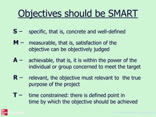 ©The McGraw-Hill Companies, 2005
17
Objectives should be SMART
S – specific, that is, concrete and well-defined
M – measurable, that is, satisfaction of the
objective can be objectively judged
A – achievable, that is, it is within the power of the
individual or group concerned to meet the target
R – relevant, the objective must relevant to the true
purpose of the project
T – time constrained: there is defined point in
time by which the objective should be achieved
 