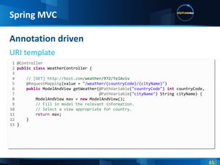Annotation driven URI template Spring MVC 1 @Controller 2  public   class  WeatherController { 3 4  // [GET] http://host.com /weather/972/TelAviv 5  @RequestMapping (value =  &quot;/weather/{countryCode}/{cityName}&quot; ) 6  public  ModelAndView getWeather( @PathVariable ( &quot;countryCode&quot; )  int  countryCode, 7  @PathVariable ( &quot;cityName&quot; ) String cityName) { 8  ModelAndView mav =  new  ModelAndView(); 9  // Fill in model the relevant information. 10  // Select a view appropriate for country. 11  return  mav; 12  } 13  } 