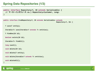 44
Spring Data Repositories (1/3)
public interface CrudRepository<T, ID extends Serializable> extends
Repository<T, ID> {
T save(T entity);
Iterable<T> save(Iterable<? extends T> entities);
T findOne(ID id);
boolean exists(ID id);
Iterable<T> findAll();
long count();
void delete(ID id);
void delete(T entity);
void delete(Iterable<? extends T> entities);
void deleteAll();
}
public interface Repository<T, ID extends Serializable> {
// マーカーインタフェース ex.) Repository<Customer, Long>
}
 