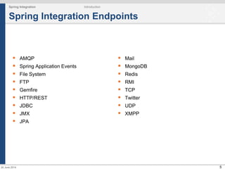 5
Spring Integration Endpoints
 AMQP
 Spring Application Events
 File System
 FTP
 Gemfire
 HTTP/REST
 JDBC
 JMX
 JPA
 Mail
 MongoDB
 Redis
 RMI
 TCP
 Twitter
 UDP
 XMPP
Spring Integration Introduction
24 June 2014
 
