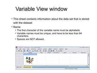 Variable View window
• This sheet contains information about the data set that is stored
with the dataset
• Name
• The first character of the variable name must be alphabetic
• Variable names must be unique, and have to be less than 64
characters.
• Spaces are NOT allowed.
 