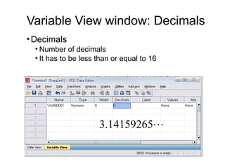 Variable View window: Decimals
•Decimals
• Number of decimals
• It has to be less than or equal to 16

3.14159265
 