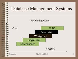 Database Management Systems Bookstore SQL200  Module 1 Positioning Chart VLDB Enterprise Workgroup Single user Spreadsheet # Users Cost 