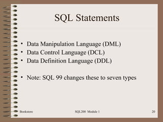 SQL Statements Data Manipulation Language (DML) Data Control Language (DCL) Data Definition Language (DDL) Note: SQL 99 changes these to seven types Bookstore SQL200  Module 1 
