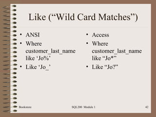 Like (“Wild Card Matches”) ANSI Where customer_last_name like ‘Jo%’ Like ‘Jo_’ Access Where customer_last_name like “Jo*” Like “Jo?” Bookstore SQL200  Module 1 