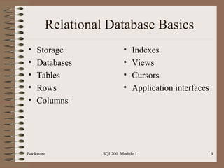Relational Database Basics Storage Databases Tables Rows Columns Indexes Views Cursors Application interfaces Bookstore SQL200  Module 1 