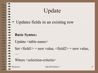 Update Updates fields in an existing row Bookstore SQL200 Module 3 Basic Syntax: Update <table-name> Set <field1> = new value, <field2> = new value,… Where <selection-criteria> 