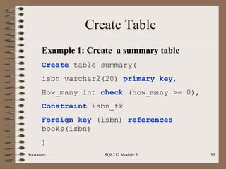 Create Table Bookstore SQL212 Module 3 Example 1: Create  a summary table Create  table summary( isbn varchar2(20)  primary key , How_many int  check  (how_many >= 0), Constraint  isbn_fk Foreign key  (isbn)  references  books(isbn) ) 