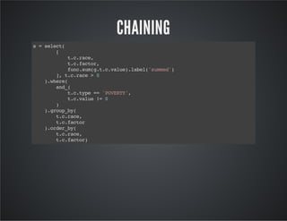 CHAINING
s=select(
[
t.c.race,
t.c.factor,
func.sum(g.t.c.value).label('summed')
],t.c.race>0
).where(
and_(
t.c.type=='POVERTY',
t.c.value!=0
)
).group_by(
t.c.race,
t.c.factor
).order_by(
t.c.race,
t.c.factor)
 