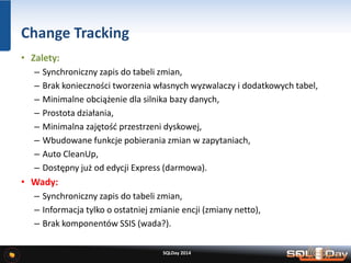 Change Tracking
• Zalety:
– Synchroniczny zapis do tabeli zmian,
– Brak konieczności tworzenia własnych wyzwalaczy i dodatkowych tabel,
– Minimalne obciążenie dla silnika bazy danych,
– Prostota działania,
– Minimalna zajętość przestrzeni dyskowej,
– Wbudowane funkcje pobierania zmian w zapytaniach,
– Auto CleanUp,
– Dostępny już od edycji Express (darmowa).
• Wady:
– Synchroniczny zapis do tabeli zmian,
– Informacja tylko o ostatniej zmianie encji (zmiany netto),
– Brak komponentów SSIS (wada?).
SQLDay 2014
 
