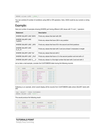 WHERE column LIKE '_XXXX_'
You can combine N number of conditions using AND or OR operators. Here, XXXX could be any numeric or string
value.

Example:
Here are number of examples showing WHERE part having different LIKE clause with '%' and '_' operators:
Statement

Description

WHERE SALARY LIKE '200%'

Finds any values that start with 200

WHERE SALARY LIKE
'%200%'

Finds any values that have 200 in any position

WHERE SALARY LIKE '_00%'

Finds any values that have 00 in the second and third positions

WHERE SALARY LIKE
'2_%_%'

Finds any values that start with 2 and are at least 3 characters in length

WHERE SALARY LIKE '%2'

Finds any values that end with 2

WHERE SALARY LIKE '_2%3'

Finds any values that have a 2 in the second position and end with a 3

WHERE SALARY LIKE '2___3'

Finds any values in a five-digit number that start with 2 and end with 3

Let us take a real example, consider the CUSTOMERS table having the following records:
+----+----------+-----+-----------+----------+
| ID | NAME
| AGE | ADDRESS
| SALARY
|
+----+----------+-----+-----------+----------+
| 1 | Ramesh
| 32 | Ahmedabad | 2000.00 |
| 2 | Khilan
| 25 | Delhi
| 1500.00 |
| 3 | kaushik | 23 | Kota
| 2000.00 |
| 4 | Chaitali | 25 | Mumbai
| 6500.00 |
| 5 | Hardik
| 27 | Bhopal
| 8500.00 |
| 6 | Komal
| 22 | MP
| 4500.00 |
| 7 | Muffy
| 24 | Indore
| 10000.00 |
+----+----------+-----+-----------+----------+
Following is an example, which would display all the records from CUSTOMERS table where SALARY starts with
200:
SQL> SELECT * FROM CUSTOMERS
WHERE SALARY LIKE '200%';
This would produce the following result:
+----+----------+-----+-----------+----------+
| ID | NAME
| AGE | ADDRESS
| SALARY
|
+----+----------+-----+-----------+----------+
| 1 | Ramesh
| 32 | Ahmedabad | 2000.00 |
| 3 | kaushik | 23 | Kota
| 2000.00 |
+----+----------+-----+-----------+----------

TUTORIALS POINT
Simply Easy Learning

 