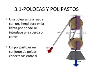 3.1-POLOEAS Y POLIPASTOS Una polea es una rueda con una hendidura en la llanta por donde se introduce una cuerda o correa Un polipasto es un conjunto de poleas conectadas entre sí 