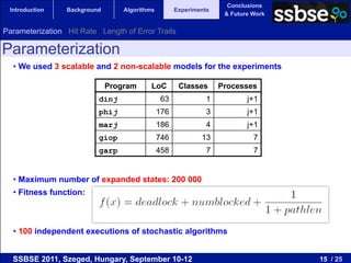 Conclusions
 Introduction    Background       Algorithms         Experiments
                                                                    & Future Work


Parameterization Hit Rate Length of Error Trails

Parameterization
  •  We used 3 scalable and 2 non-scalable models for the experiments

                              Program      LoC        Classes      Processes
                          dinj                  63             1           j+1
                          phij                 176             3           j+1
                          marj                 186             4           j+1
                          giop                 746           13              7
                          garp                 458             7             7


  •  Maximum number of expanded states: 200 000
  •  Fitness function:



  •  100 independent executions of stochastic algorithms


  SSBSE 2011, Szeged, Hungary, September 10-12                                      15 / 25
 
