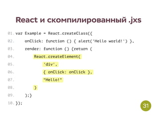 React.createElement(
'div',
{ onClick: onClick },
"Hello!"
)
React и скомпилированный .jxs
var Example = React.createClass({
onClick: function () { alert('Hello world!') },
render: function () {return (
);}
});
01.
02.
03.
04.
05.
06.
07.
08.
09.
10.
31
 