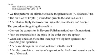 For ex:
Infix notation: (A-B)*[C/(D+E)+F]
Post-fix notation: AB- CDE +/F +*
• We first perform the arithmetic inside the parentheses (A-B) and (D+E).
• The division of C/(D+E) must done prior to the addition with F
• After that multiply the two terms inside the parentheses and bracket.
The procedure for getting the result is:
• Convert the expression in Reverse Polish notation( post-fix notation).
• Push the operands into the stack in the order they are appear.
• When any operator encounter then pop two topmost operands for
executing the operation.
• After execution push the result obtained into the stack.
• After the complete execution of expression the final result remains on the
top of the stack.
 