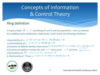 Concepts of Information
                  & Control Theory
Ring definition
A ring is a triple ( R, , ) consisting of a set R, and two operations + and , referred
to as addition and multiplication, respectively, which satisfy the following conditions:

1.Associativity of +: a (b c) (a b) c, for all a,b,c R
2.Commutativity of +: a b b a for all a,b R
3.Existence of additive identity: there exists 0 R such that 0 a a and a 0 a for all a R
                                                                          a ( a) 0
4.Existence of additive inverses: for each a R there exists a R such that and ( a) a 0
5.Associativity of    : a (b c) (a b) c, for all a, b, c R
6. Distributivity of   over +: a (b c) (a b)(a c), for all a, b, c R




                                             8              International Scientific Conference eRA-6
 