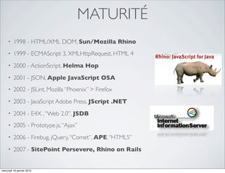 MATURITÉ
     •   1998 - HTML/XML DOM, Sun/Mozilla Rhino
     •   1999 - ECMAScript 3, XMLHttpRequest, HTML 4
     •   2000 - ActionScript, Helma Hop
     •   2001 - JSON, Apple JavaScript OSA
     •   2002 - JSLint, Mozilla “Phoenix” > Firefox
     •   2003 - JavaScript Adobe Press, JScript .NET
     •   2004 - E4X , “Web 2.0”, JSDB
     •   2005 - Prototype.js, “Ajax”
     •   2006 - Firebug, jQuery, “Comet”, APE, “HTML5”
     •   2007 - SitePoint Persevere, Rhino on Rails


mercredi 18 janvier 2012
 
