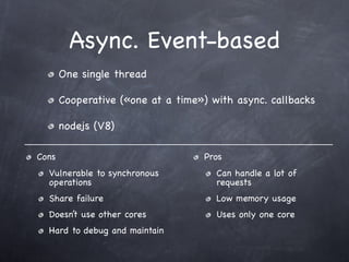 Async. Event-based
       One single thread

       Cooperative («one at a time») with async. callbacks

       nodejs (V8)

Cons                               Pros
  Vulnerable to synchronous           Can handle a lot of
  operations                          requests
  Share failure                       Low memory usage
  Doesn’t use other cores             Uses only one core
  Hard to debug and maintain
 