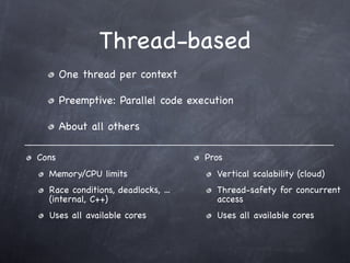 Thread-based
       One thread per context

       Preemptive: Parallel code execution

       About all others

Cons                                Pros
  Memory/CPU limits                   Vertical scalability (cloud)
  Race conditions, deadlocks, ...     Thread-safety for concurrent
  (internal, C++)                     access
  Uses all available cores            Uses all available cores
 