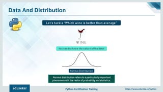Python Certification Training https://www.edureka.co/python
Data And Distribution
Let’s tackle “Which wine is better than average”
You need to know the nature of the data!
Normal Distribution
Normal distribution refers to a particularly important
phenomenon in the realm of probability and statistics.
 