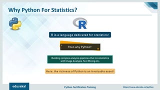Python Certification Training https://www.edureka.co/python
Why Python For Statistics?
R is a language dedicated for statistics!
Then why Python?
Building complex analysis pipelines that mix statistics
with Image Analysis, Text Mining etc..
Here, the richness of Python is an invaluable asset!
 
