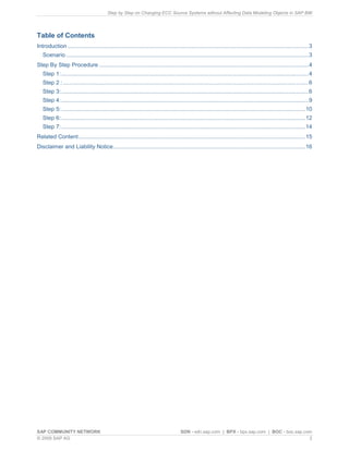Step by Step on Changing ECC Source Systems without Affecting Data Modeling Objects in SAP BW
SAP COMMUNITY NETWORK SDN - sdn.sap.com | BPX - bpx.sap.com | BOC - boc.sap.com
© 2009 SAP AG 2
Table of Contents
Introduction .........................................................................................................................................................3
Scenario ..........................................................................................................................................................3
Step By Step Procedure .....................................................................................................................................4
Step 1:.............................................................................................................................................................4
Step 2 :............................................................................................................................................................6
Step 3:.............................................................................................................................................................6
Step 4:.............................................................................................................................................................9
Step 5:...........................................................................................................................................................10
Step 6:...........................................................................................................................................................12
Step 7:...........................................................................................................................................................14
Related Content................................................................................................................................................15
Disclaimer and Liability Notice..........................................................................................................................16
 