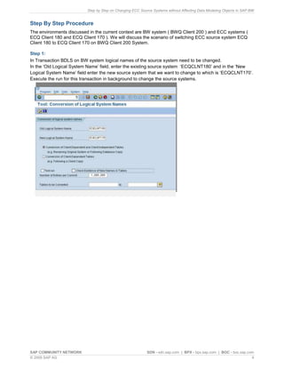 Step by Step on Changing ECC Source Systems without Affecting Data Modeling Objects in SAP BW
SAP COMMUNITY NETWORK SDN - sdn.sap.com | BPX - bpx.sap.com | BOC - boc.sap.com
© 2009 SAP AG 4
Step By Step Procedure
The environments discussed in the current context are BW system ( BWQ Client 200 ) and ECC systems (
ECQ Client 180 and ECQ Client 170 ). We will discuss the scenario of switching ECC source system ECQ
Client 180 to ECQ Client 170 on BWQ Client 200 System.
Step 1:
In Transaction BDLS on BW system logical names of the source system need to be changed.
In the ‘Old Logical System Name’ field, enter the existing source system ‘ECQCLNT180’ and in the ‘New
Logical System Name’ field enter the new source system that we want to change to which is ‘ECQCLNT170’.
Execute the run for this transaction in background to change the source systems.
 