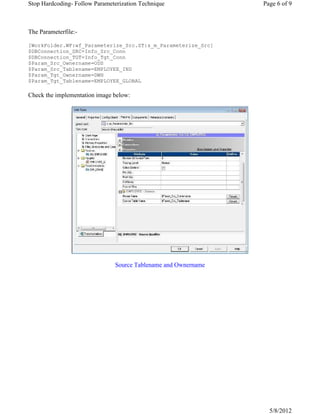 The Parameterfile:-
[WorkFolder.WF:wf_Parameterize_Src.ST:s_m_Parameterize_Src]
$DBConnection_SRC=Info_Src_Conn
$DBConnection_TGT=Info_Tgt_Conn
$Param_Src_Ownername=ODS
$Param_Src_Tablename=EMPLOYEE_IND
$Param_Tgt_Ownername=DWH
$Param_Tgt_Tablename=EMPLOYEE_GLOBAL
Check the implementation image below:
Source Tablename and Ownername
Page 6 of 9Stop Hardcoding- Follow Parameterization Technique
5/8/2012
 