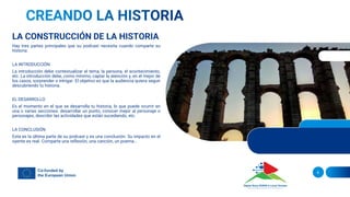 LA CONSTRUCCIÓN DE LA HISTORIA
Hay tres partes principales que su podcast necesita cuando comparte su
historia:
LA INTRODUCCIÓN
La introducción debe contextualizar el tema, la persona, el acontecimiento,
etc. La introducción debe, como mínimo, captar la atención y, en el mejor de
los casos, sorprender o intrigar. El objetivo es que la audiencia quiera seguir
descubriendo tu historia.
EL DESARROLLO
Es el momento en el que se desarrolla tu historia, lo que puede ocurrir en
una o varias secciones: desarrollar un punto, conocer mejor al personaje o
personajes, describir las actividades que están sucediendo, etc.
LA CONCLUSIÓN
Esta es la última parte de su podcast y es una conclusión. Su impacto en el
oyente es real. Comparte una reflexión, una canción, un poema...
6
 