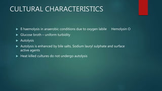 CULTURAL CHARACTERISTICS
 ß haemolysis in anaerobic conditions due to oxygen labile Hemolysin O
 Glucose broth – uniform turbidity
 Autolysis
 Autolysis is enhanced by bile salts, Sodium lauryl sulphate and surface
active agents
 Heat killed cultures do not undergo autolysis
 