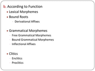 b. According to Function
Lexical Morphemes
Bound Roots
- Derivational Affixes
Grammatical Morphemes
- Free Grammatical Morphemes
- Bound Grammatical Morphemes
- Inflectional Affixes
Clitics
- Enclitics
- Proclitics
 