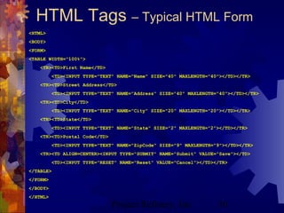 Project Refinery, Inc. 50
HTML Tags – Typical HTML Form
<HTML>
<BODY>
<FORM>
<TABLE WIDTH="100%">
<TR><TD>First Name</TD>
<TD><INPUT TYPE="TEXT" NAME="Name" SIZE="40" MAXLENGTH="40"></TD></TR>
<TR><TD>Street Address</TD>
<TD><INPUT TYPE="TEXT" NAME="Address" SIZE="40" MAXLENGTH="40"></TD></TR>
<TR><TD>City</TD>
<TD><INPUT TYPE="TEXT" NAME="City" SIZE="20" MAXLENGTH="20"></TD></TR>
<TR><TD>State</TD>
<TD><INPUT TYPE="TEXT" NAME="State" SIZE="2" MAXLENGTH="2"></TD></TR>
<TR><TD>Postal Code</TD>
<TD><INPUT TYPE="TEXT" NAME="ZipCode" SIZE="9" MAXLENGTH="9"></TD></TR>
<TR><TD ALIGN=CENTER><INPUT TYPE="SUBMIT" NAME="Submit" VALUE="Save"></TD>
<TD><INPUT TYPE="RESET" NAME="Reset" VALUE="Cancel"></TD></TR>
</TABLE>
</FORM>
</BODY>
</HTML>
 