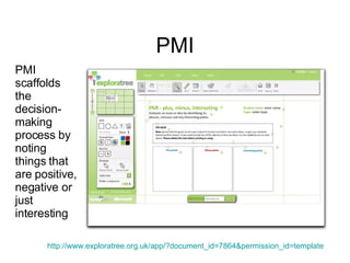 PMI http://www. exploratree .org. uk/app/ ? document_id=7864 & permission_id=template PMI scaffolds the decision-making process by noting things that are positive, negative or just interesting 