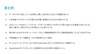 まとめ
● アーキテクチャ含め、ゴールを移行に際して定めることはとても意義があった
● どの程度マイクロサービスが移行の目標に影響を与えたのかは考えている
● 少ないリソースの中で、ハイブリット アプローチ（移行してモダナイズ型）は私たちが重要だと思っている
部分に集中して移行することを可能にしたと考えている
● 移行時にはGCP のサポート パッケージとして開発環境用のプランを最低限契約していることをおすすめ
● 予算機能とアラート機能は、コストを監視する上で便利
● ネームスペース、ラベル、セレクタは Kubernetes のインフラを考える上で重要だった
● Stackdriverはデバッグと エラーを監視するための非常に貴重なツール
 