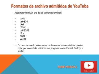 Asegúrate de utilizar uno de los siguientes formatos:
• .MOV
• .MPEG4
• .AVI
• .WMV
• .MPEGPS
• .FLV
• 3GPP
• WebM
• En caso de que tu video se encuentre en un formato distinto, pueden
optar por convertirlo utilizando un programa como Format Factory o
similar.
 