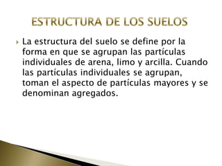  La estructura del suelo se define por la
forma en que se agrupan las partículas
individuales de arena, limo y arcilla. Cuando
las partículas individuales se agrupan,
toman el aspecto de partículas mayores y se
denominan agregados.
 