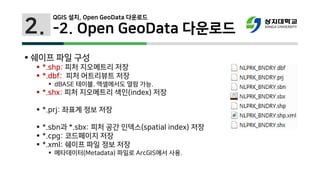  쉐이프 파일 구성
 *.shp: 피처 지오메트리 저장
 *.dbf: 피처 어트리뷰트 저장
 dBASE 테이블. 엑셀에서도 열람 가능.
 *.shx: 피처 지오메트리 색인(index) 저장
 *.prj: 좌표계 정보 저장
 *.sbn과 *.sbx: 피처 공간 인덱스(spatial index) 저장
 *.cpg: 코드페이지 저장
 *.xml: 쉐이프 파일 정보 저장
 메타데이터(Metadata) 파일로 ArcGIS에서 사용.
2. -2. Open GeoData 다운로드
QGIS 설치, Open GeoData 다운로드
 